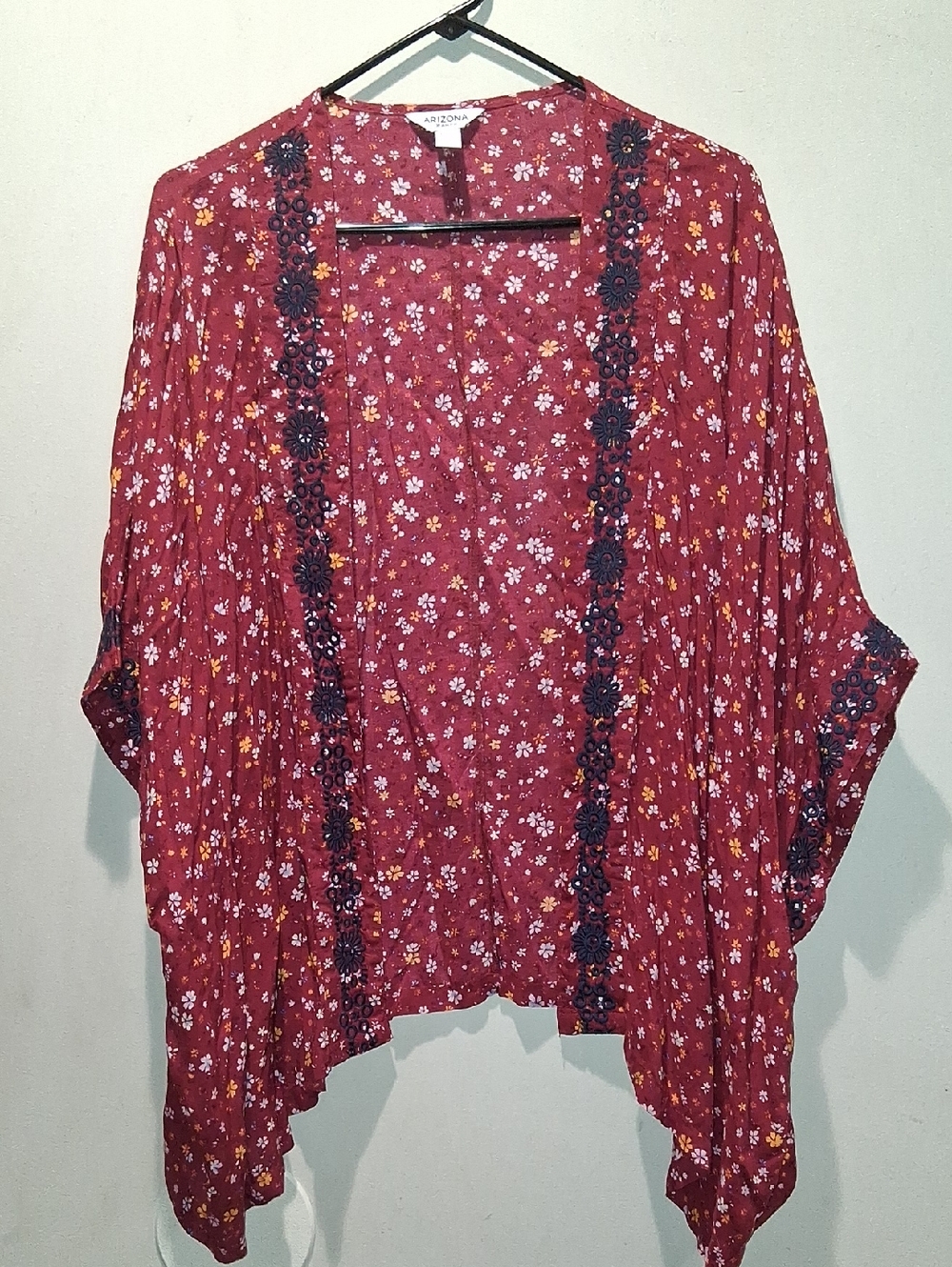 Arizona Jean Company Red Floral Open Cardigan with Navy Trim